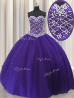 Vintage Purple Ball Gowns Beading and Sequins 15th Birthday Dress Lace Up Tulle Sleeveless Floor Length