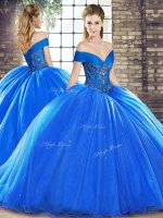 Dramatic Royal Blue Ball Gowns Off The Shoulder Sleeveless Organza Brush Train Lace Up Beading Sweet 16 Quinceanera Dress