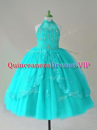 Inexpensive Sleeveless Tulle Floor Length Lace Up Pageant Dress for Womens in Aqua Blue with Beading and Appliques