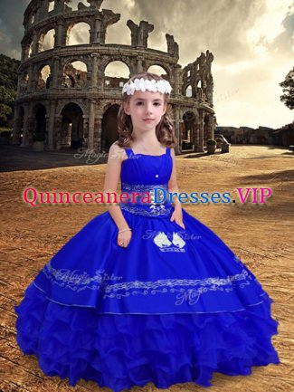 Dramatic Straps Sleeveless Satin and Organza Pageant Dress for Womens Embroidery and Ruffled Layers Zipper
