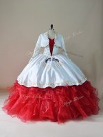 Fantastic White And Red Ball Gowns Sweetheart Sleeveless Organza Floor Length Lace Up Embroidery and Ruffles Quinceanera Gowns