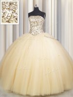 Sequins Really Puffy Gold Sleeveless Tulle Lace Up Sweet 16 Quinceanera Dress for Military Ball and Sweet 16 and Quinceanera