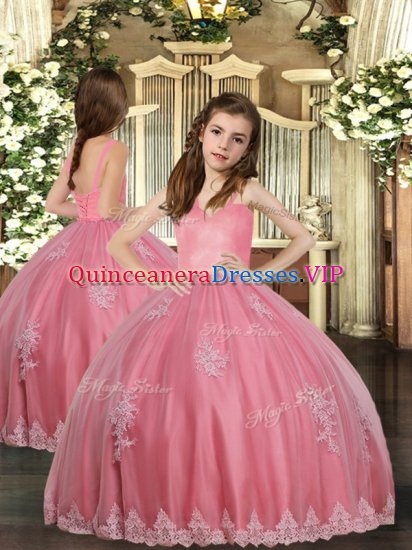 Sleeveless Tulle Floor Length Lace Up Little Girl Pageant Gowns in Watermelon Red with Appliques - Click Image to Close