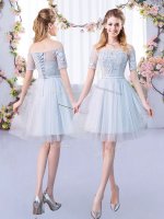 Popular Grey Lace Up Off The Shoulder Lace Quinceanera Court of Honor Dress Tulle Short Sleeves(SKU BMT0490DBIZ)