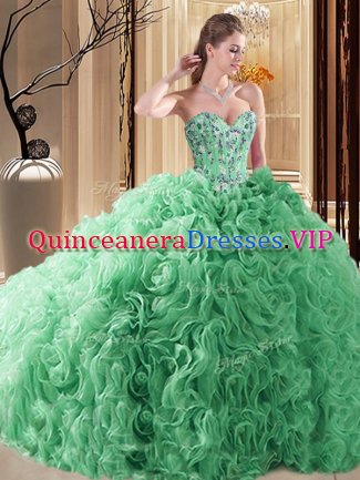 Turquoise Vestidos de Quinceanera Fabric With Rolling Flowers Court Train Sleeveless Embroidery and Ruffles