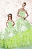Colorful Yellow Green Ball Gowns Sweetheart Sleeveless Organza Floor Length Lace Up Embroidery and Ruffled Layers Ball Gown Prom Dress