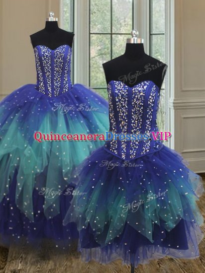 Traditional Three Piece Multi-color Ball Gowns Sweetheart Sleeveless Tulle Floor Length Lace Up Beading and Ruffles 15 Quinceanera Dress - Click Image to Close
