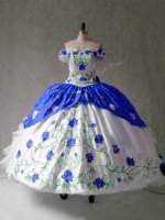 Organza and Taffeta Off The Shoulder Cap Sleeves Lace Up Embroidery and Ruffles 15th Birthday Dress in Blue And White(SKU PSSW0744-4BIZ)