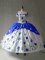 Organza and Taffeta Off The Shoulder Cap Sleeves Lace Up Embroidery and Ruffles 15th Birthday Dress in Blue And White
