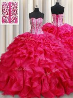 Exquisite Coral Red Sleeveless Organza Brush Train Lace Up Quinceanera Dresses for Military Ball and Sweet 16 and Quinceanera