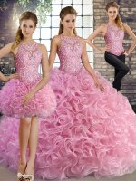 Sexy Rose Pink Three Pieces Beading Ball Gown Prom Dress Lace Up Fabric With Rolling Flowers Sleeveless Floor Length