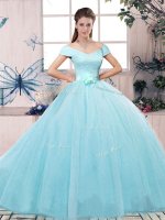 Aqua Blue Short Sleeves Floor Length Lace and Hand Made Flower Lace Up Quinceanera Dresses