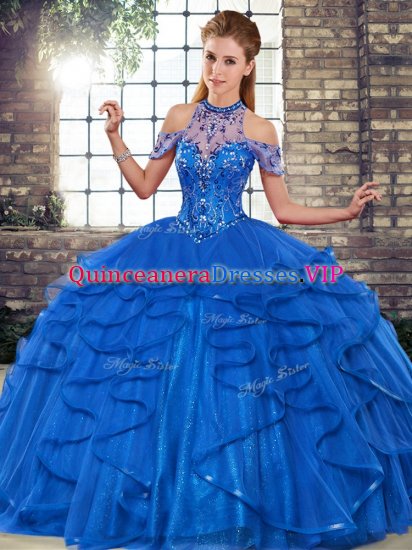 Decent Royal Blue Halter Top Neckline Beading and Ruffles 15th Birthday Dress Sleeveless Lace Up - Click Image to Close