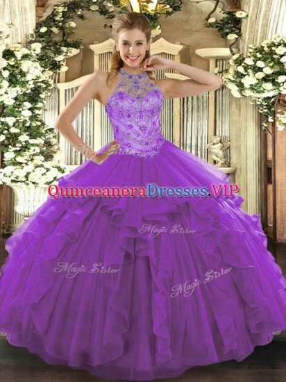 Purple Ball Gowns Beading and Embroidery Quinceanera Gowns Lace Up Organza Sleeveless Floor Length - Click Image to Close