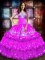 Enchanting Sleeveless Floor Length Embroidery and Ruffled Layers Lace Up Military Ball Gown with Fuchsia
