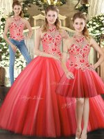 Red Three Pieces Embroidery Quinceanera Dresses Lace Up Tulle Sleeveless Floor Length