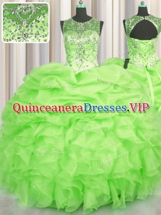 See Through Ball Gowns Beading and Ruffles and Pick Ups Sweet 16 Dress Lace Up Organza Sleeveless Floor Length