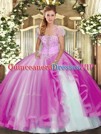Fuchsia Sleeveless Appliques and Ruffles Floor Length Quinceanera Gowns