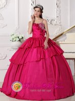 Stedten Hand Made Flowers Hot Pink Spaghetti Straps Ruffles Layered Gorgeous Quinceanera Dress With Taffeta Beaded Decorate Bust
