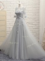 Delicate Floor Length Lace Up Dama Dress for Quinceanera Grey for Prom and Party and Wedding Party with Appliques