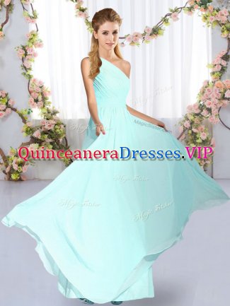 Glorious Blue Empire Chiffon One Shoulder Sleeveless Ruching Floor Length Lace Up Quinceanera Court Dresses