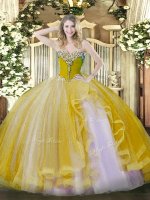 Sleeveless Tulle Floor Length Lace Up Quinceanera Gown in Gold with Beading and Ruffles