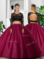 Fuchsia Long Sleeves Lace and Ruching Floor Length 15th Birthday Dress