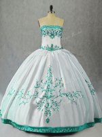 Sleeveless Floor Length Embroidery Lace Up 15th Birthday Dress with White