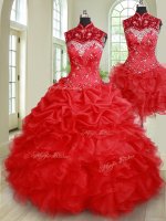 Three Piece Sleeveless Beading and Ruffles and Pick Ups Lace Up Quinceanera Dresses