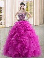 Beading and Ruffles Vestidos de Quinceanera Fuchsia Lace Up Sleeveless Floor Length