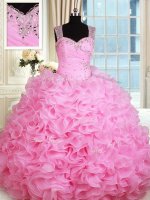 Rose Pink Straps Neckline Beading and Ruffles Quinceanera Dress Sleeveless Zipper
