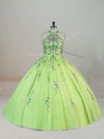 Smart Halter Top Sleeveless 15th Birthday Dress Brush Train Embroidery Yellow Green Tulle