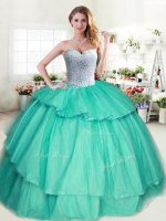 Suitable Apple Green Tulle Lace Up Sweetheart Sleeveless Floor Length Sweet 16 Quinceanera Dress Beading and Ruffled Layers