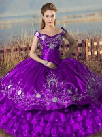 Free and Easy Satin and Organza Off The Shoulder Sleeveless Lace Up Embroidery and Ruffled Layers Quince Ball Gowns in Purple