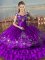 Free and Easy Satin and Organza Off The Shoulder Sleeveless Lace Up Embroidery and Ruffled Layers Quince Ball Gowns in Purple