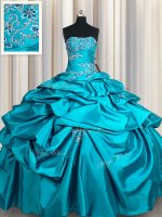 Pick Ups Strapless Sleeveless Lace Up Quinceanera Dresses Teal Taffeta