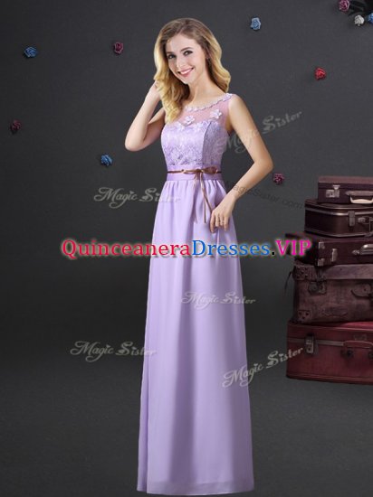 Hot Selling See Through Lavender Chiffon Lace Up Scoop Sleeveless Floor Length Damas Dress Lace and Appliques and Belt - Click Image to Close