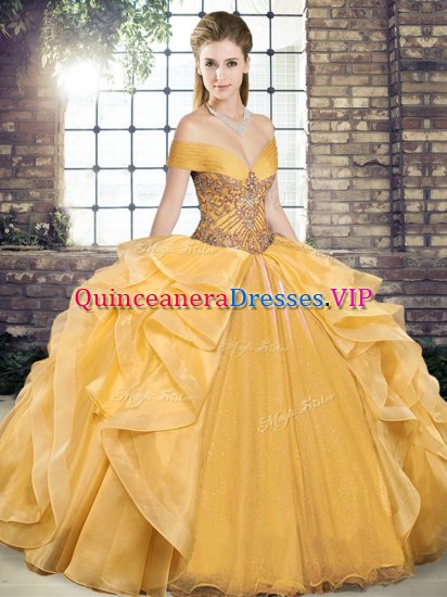 Sleeveless Floor Length Beading and Ruffles Lace Up Sweet 16 Dresses with Gold - Click Image to Close