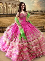 Organza and Taffeta Sweetheart Sleeveless Lace Up Beading and Embroidery and Ruffled Layers Quinceanera Gown in Hot Pink