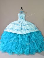 Aqua Blue Lace Up Halter Top Embroidery and Ruffles Sweet 16 Dresses Organza Sleeveless Court Train