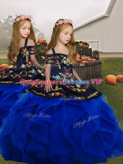 Tulle Straps Sleeveless Lace Up Embroidery and Ruffles Pageant Gowns For Girls in Royal Blue - Click Image to Close