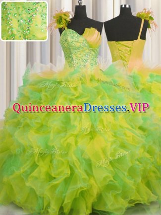 Handcrafted Flower Multi-color One Shoulder Lace Up Beading and Ruffles and Hand Made Flower Sweet 16 Quinceanera Dress Sleeveless