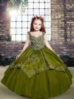 Olive Green Ball Gowns Straps Sleeveless Organza Floor Length Lace Up Beading and Embroidery Pageant Dresses