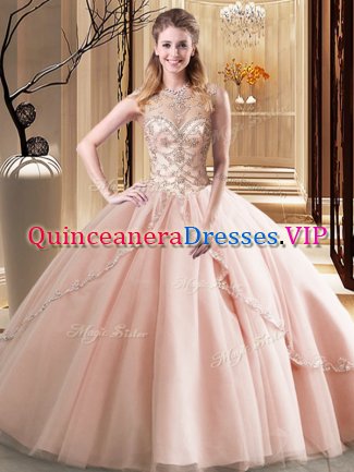 Peach Ball Gowns Tulle Scoop Sleeveless Beading Lace Up 15th Birthday Dress Brush Train