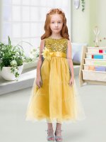 Custom Designed Scoop Sleeveless Child Pageant Dress Tea Length Sequins and Hand Made Flower Gold Organza