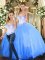 Sleeveless Tulle Floor Length Lace Up Vestidos de Quinceanera in Blue with Beading