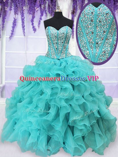 Attractive Aqua Blue Sleeveless Beading and Ruffles Floor Length Quinceanera Gowns - Click Image to Close