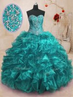 Top Selling Teal Organza Lace Up Sweet 16 Dress Sleeveless With Train Sweep Train Beading and Ruffles(SKU PSSW0156-9BIZ)