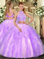 Sleeveless Tulle Floor Length Criss Cross Sweet 16 Dresses in Lavender with Beading and Ruffled Layers
