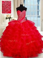 Floor Length Red 15 Quinceanera Dress Tulle Sleeveless Beading and Ruffled Layers